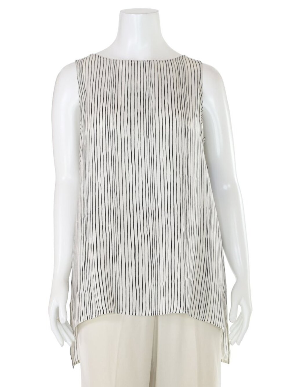 NWT Eileen Fisher $218 Bone/Black Striped Bateau Neck Long Shell Women's sz L